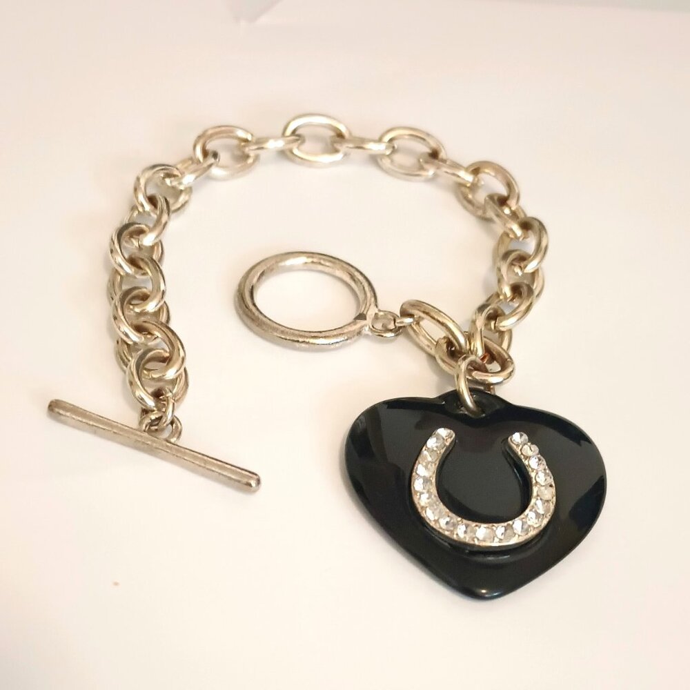 Black Heart Charm Link Bracelet 7" Silver Tone Rhinestone Horseshoe Toggle